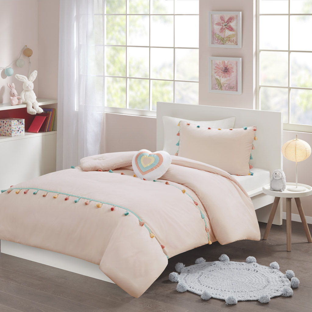 Tessa - Twin Tassel Comforter Set With Heart Shaped Throw Pillow - Blush Mi Zone Kids