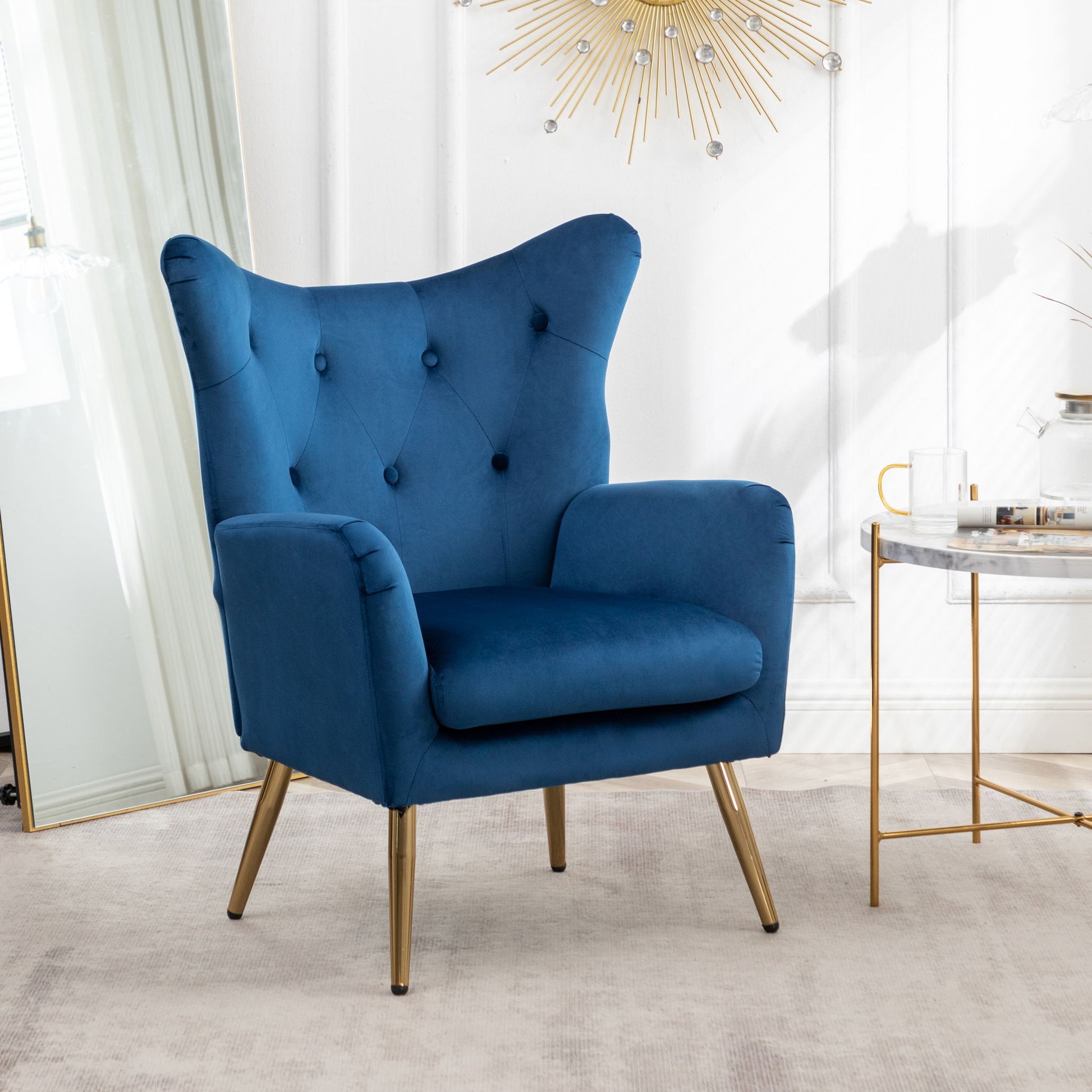 Sovarol - Velvet Button-Tufted Wing Back Accent Chair - Blue Home Essentials
