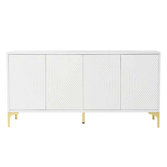 Modern Wood Sideboard Cabinet With Carved Door Panels, Adjustable Shelves, And Sturdy Metal Legs
