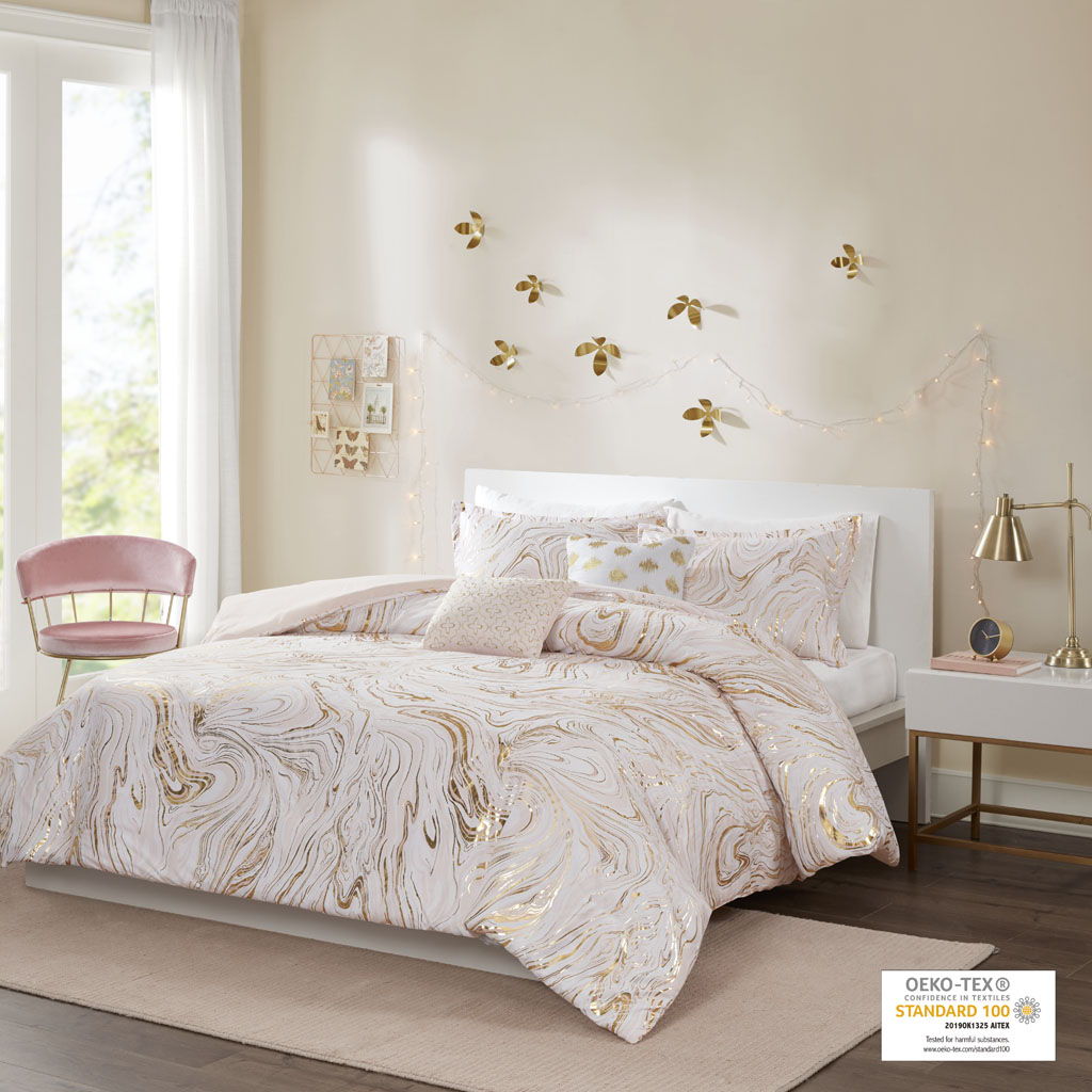 Rebecca - Twin Metallic Printed Duvet Cover Set - Blush / Gold