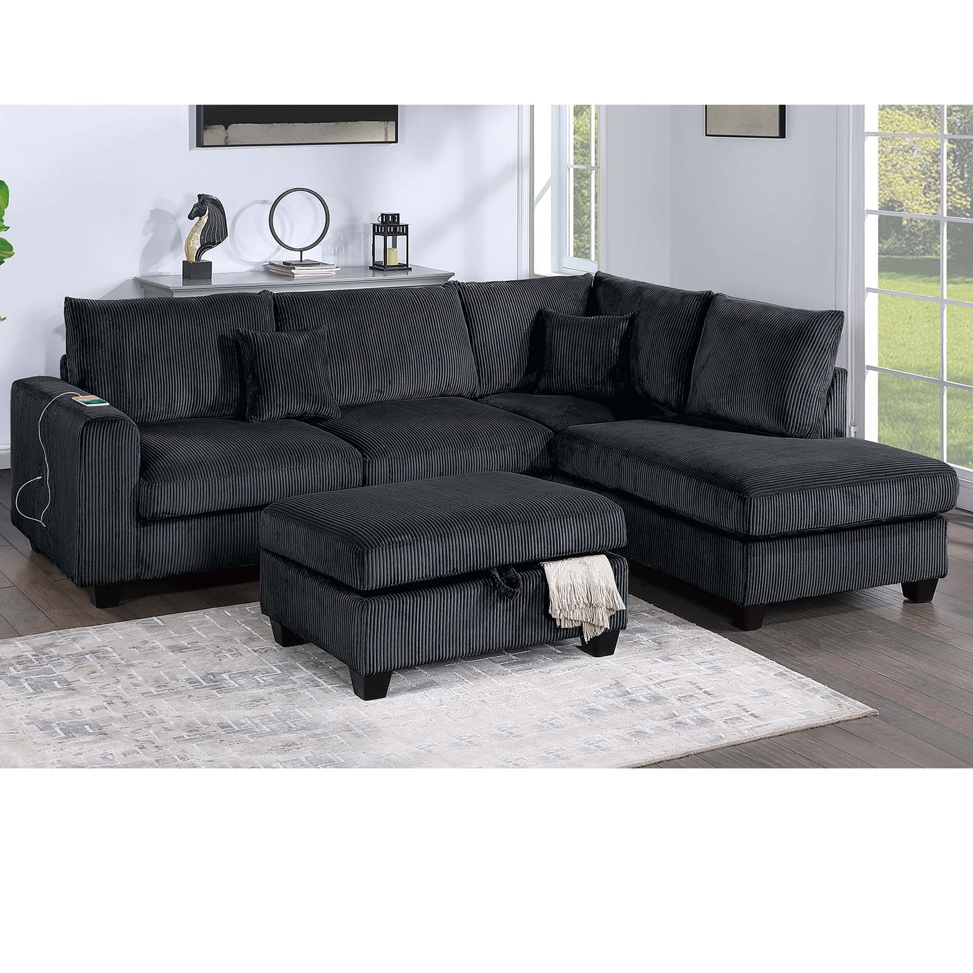 Modern Style Sectional Set With USB Port, Storage Ottoman Home Essentials