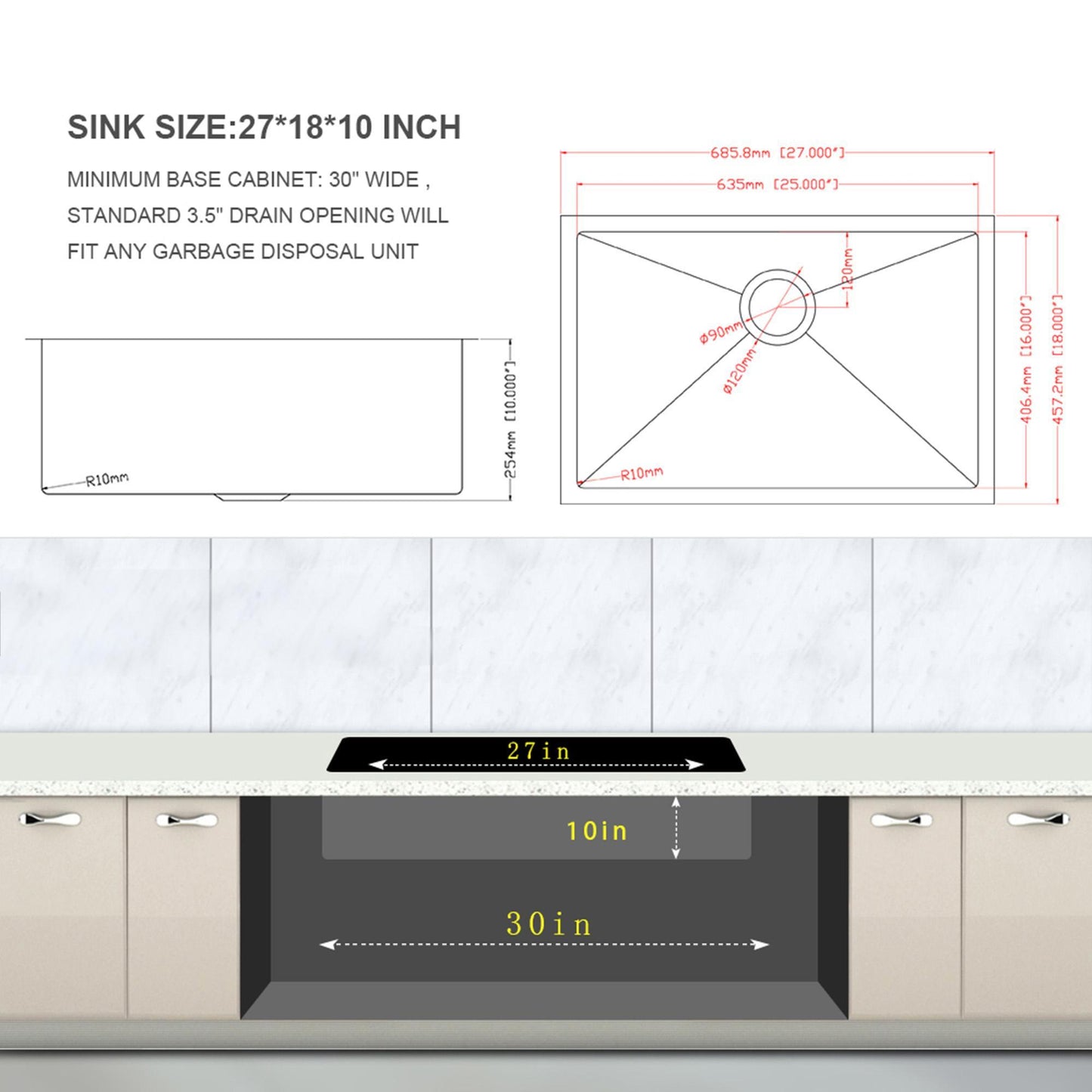 Modern Undermount Stainless Steel Kitchen Sink 16 Gauge, Deep Single Bowl Daily Nest