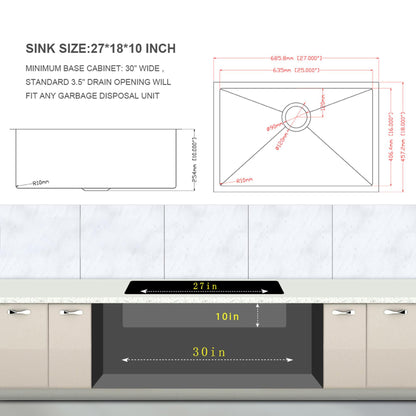 Modern Undermount Stainless Steel Kitchen Sink 16 Gauge, Deep Single Bowl Daily Nest