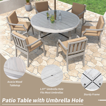 6 Person Outdoor Wooden Dining Set With Umbrella Hole And Removable Cushions For Patio - Gray Hearth and Haven
