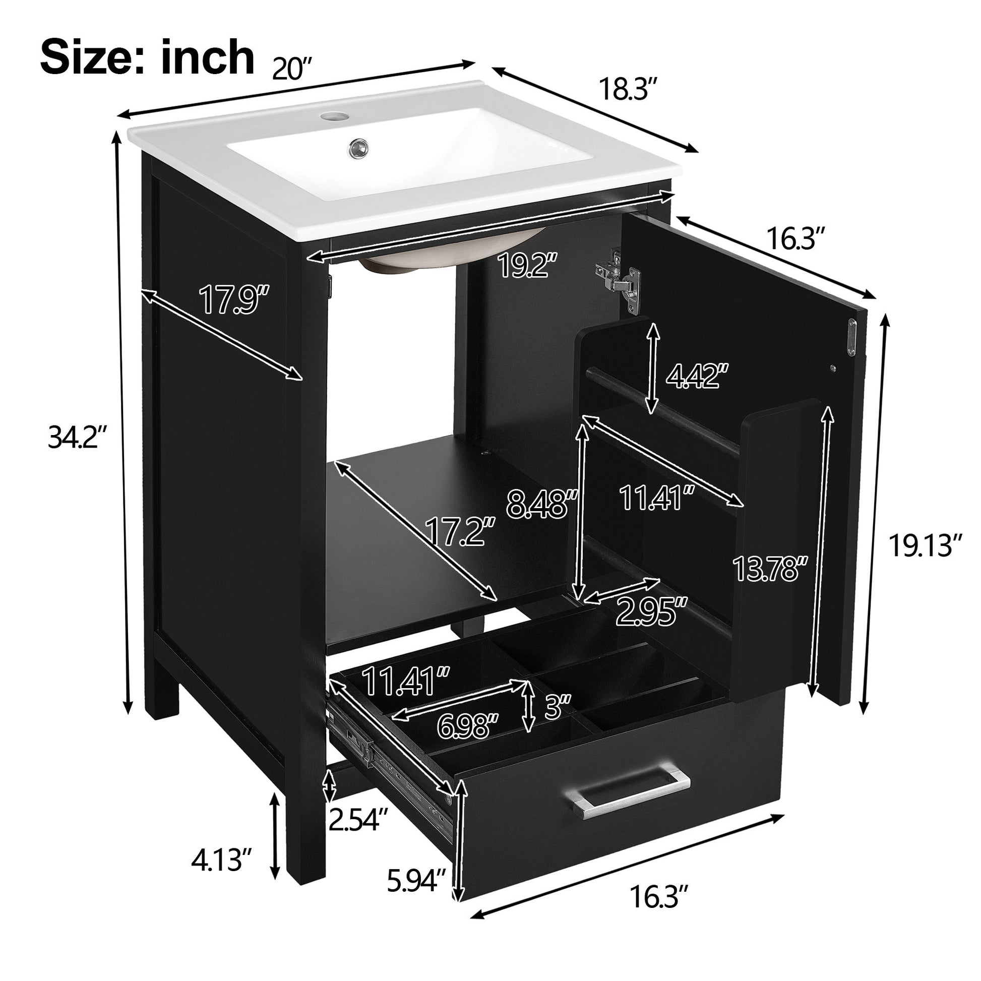 Bathroom Vanity With Ceramic Sink, Soft Close Drawers, Door Organizer, Divider Drawer, Adjustable Foot Pads Hearth and Haven