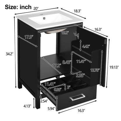 Bathroom Vanity With Ceramic Sink, Soft Close Drawers, Door Organizer, Divider Drawer, Adjustable Foot Pads Hearth and Haven