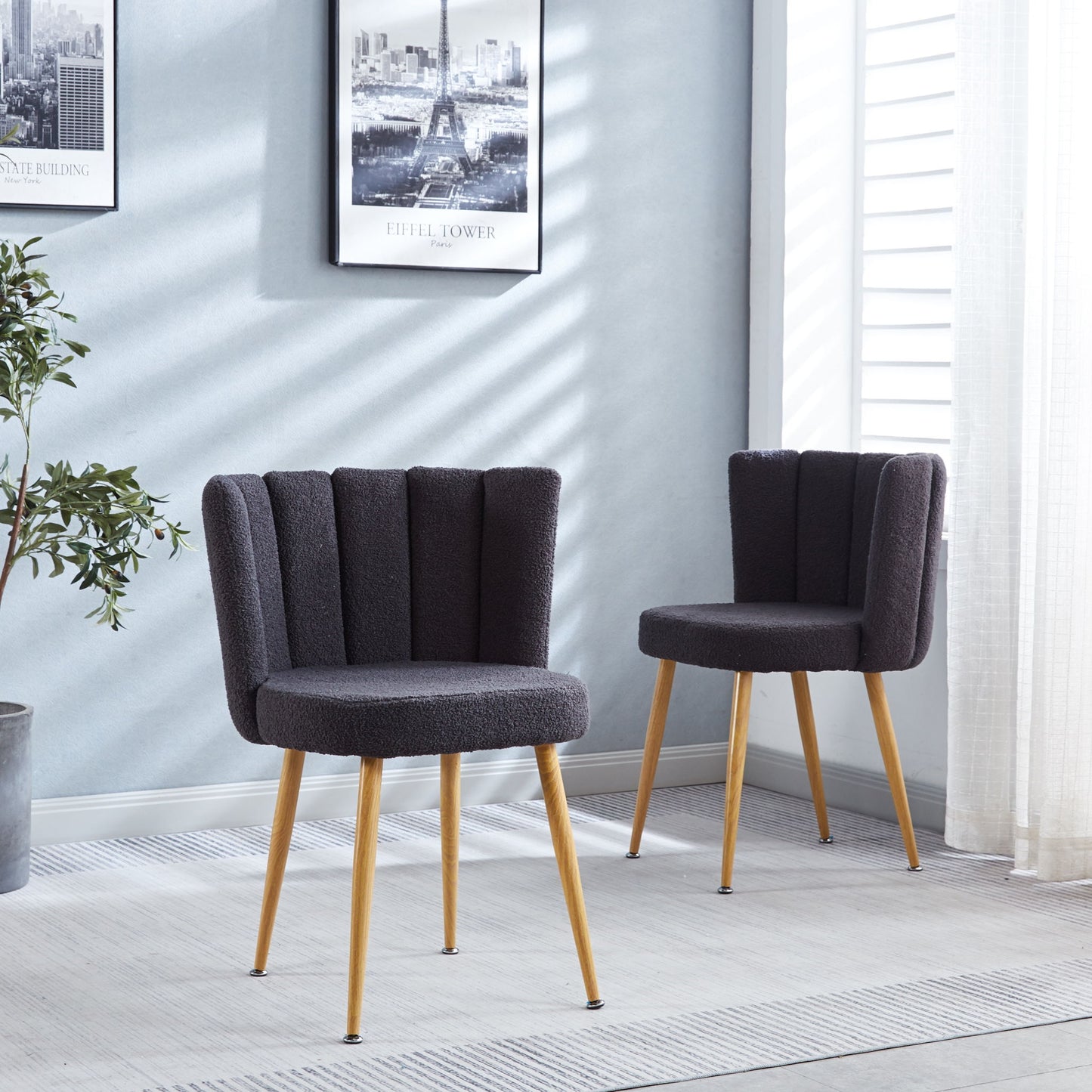 Modern Dining Chair (Set of 2) With Iron Tube Wood Color Legs, Shorthair Cushions And Comfortable Backrest, Suitable For Dining Room, Living Room, Cafe, Simple Structure Home Essentials