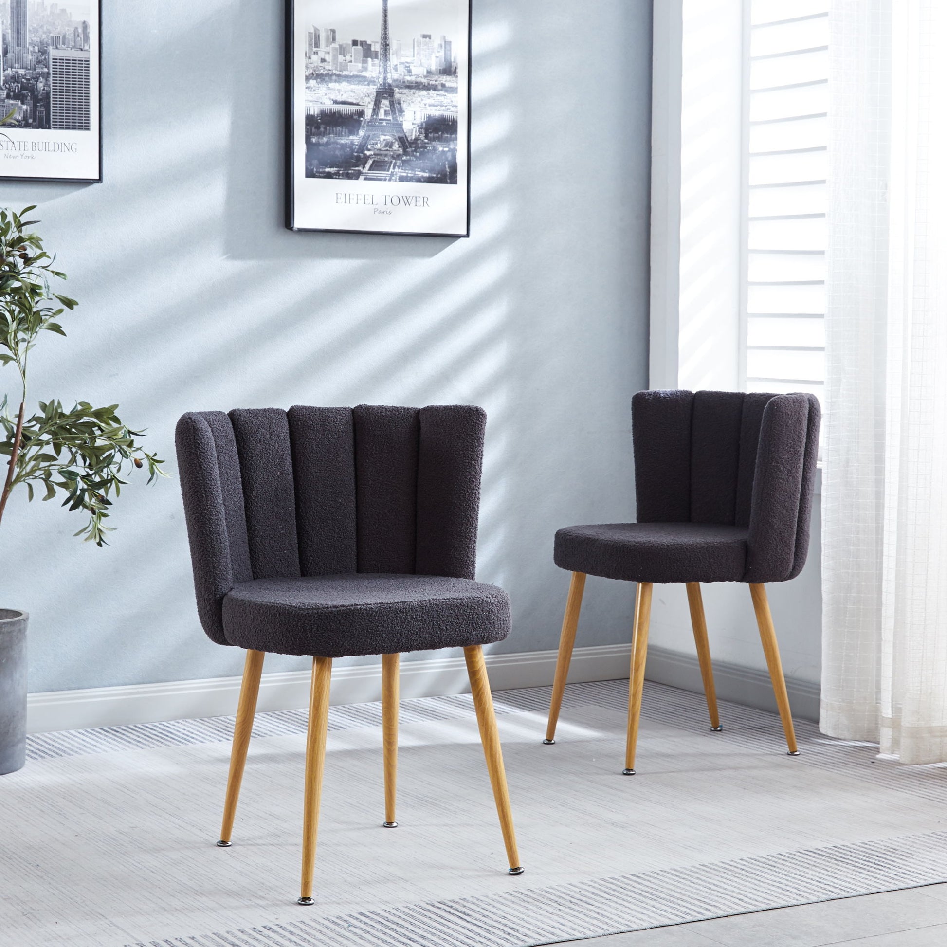 Modern Dining Chair (Set of 2) With Iron Tube Wood Color Legs, Shorthair Cushions And Comfortable Backrest, Suitable For Dining Room, Living Room, Cafe, Simple Structure Home Essentials