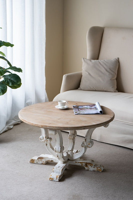 Round Wooden Coffee Table With Distressed Scrollwork Legs - Multicolor Home Essentials