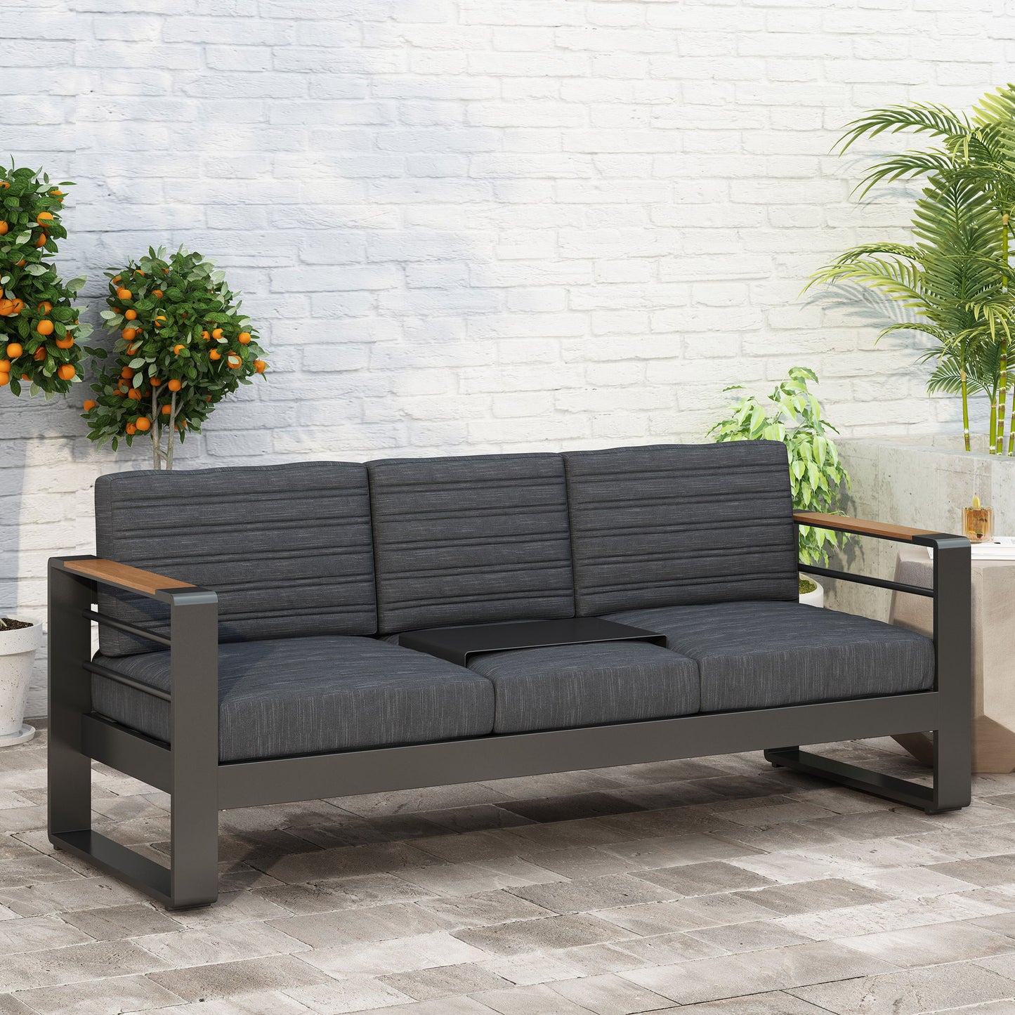 Giovanna - 3 Seater Sofa With Aluminum Frame And Water Repellence Cushions - Black Noble House