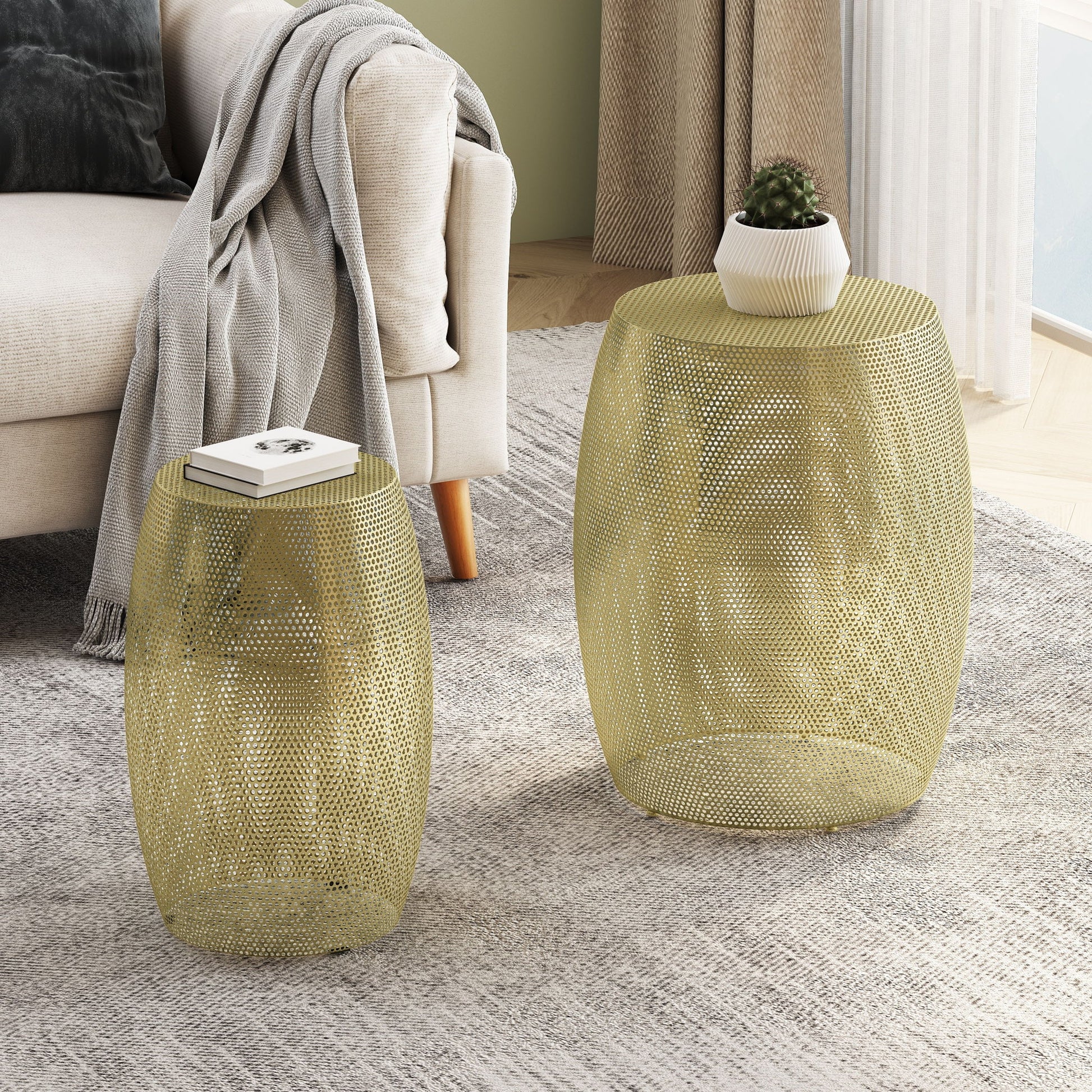 Modern Round Metal Hollow Side Table Set With Openwork Design - Gold Noble House
