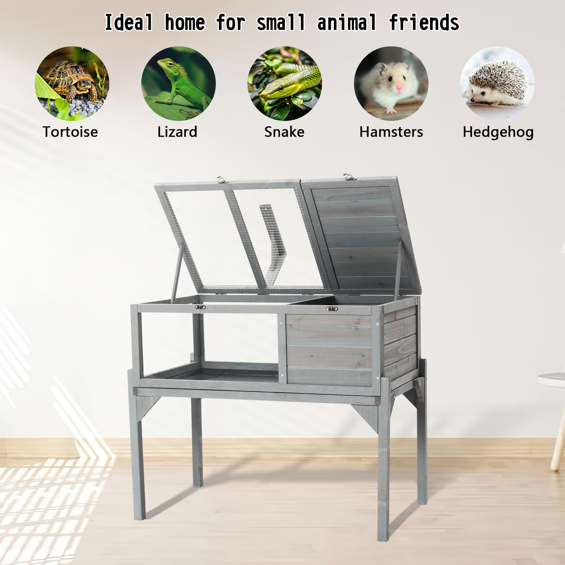 Tortoise Habitat Indoor & Outdoor Wooden Tortoise House With Detachable Legs Reptile Cage For Small Animals Non Leak Waterproof Tray - Gray Daily Nest