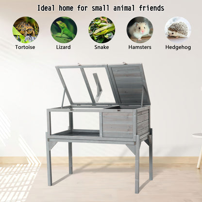Tortoise Habitat Indoor & Outdoor Wooden Tortoise House With Detachable Legs Reptile Cage For Small Animals Non Leak Waterproof Tray - Gray Daily Nest