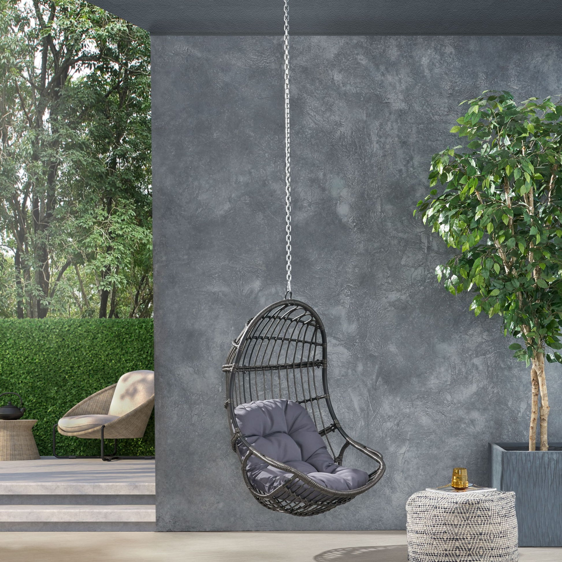 Rustic Hanging Basket Chair With Cushion Noble House
