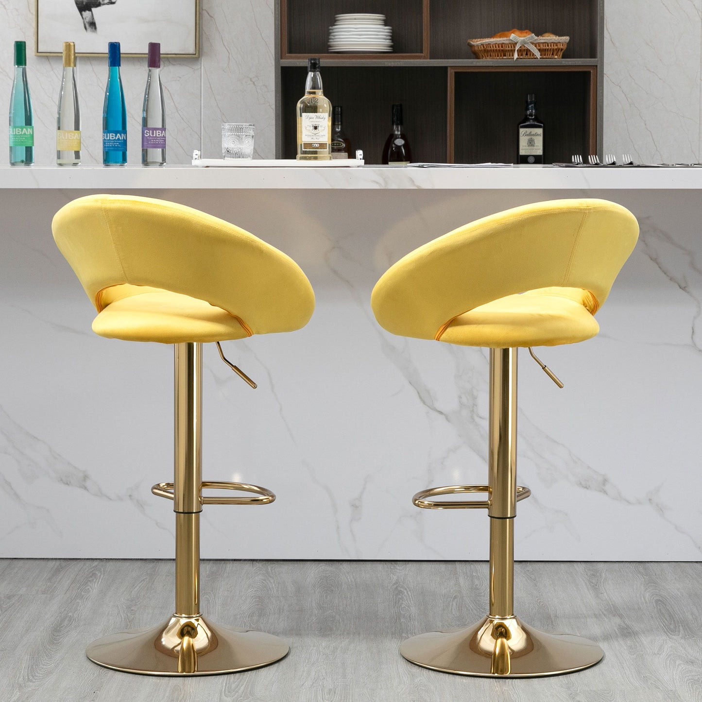 Velvet Adjustable Modern Dining Chairs, Counter Height Bar Chair, Swivel Bar Stools (Set of 2) - Yellow