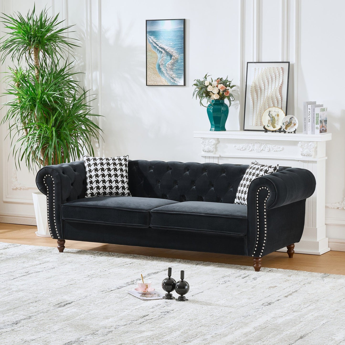 Chesterfield Upholstery Fabric Sofa With Roll Armrest & Nailhead Home Essentials