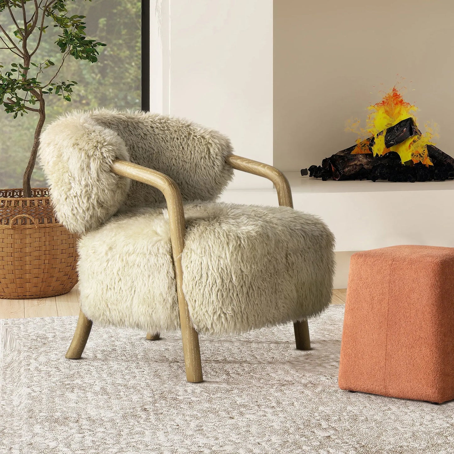 Becker - Rustic Oak Sheepskin Upholstered Accent Arm Chair - Taupe Beige Jennifer Taylor Home
