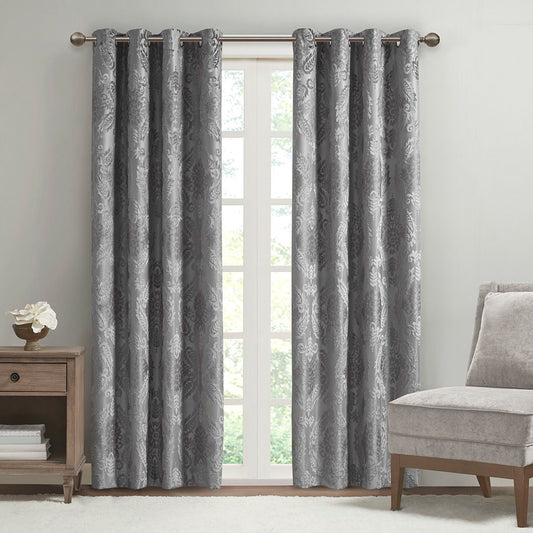 Amelia - Knitted Paisley Total Blackout Grommet Top Curtain Panel Transitional - Gray