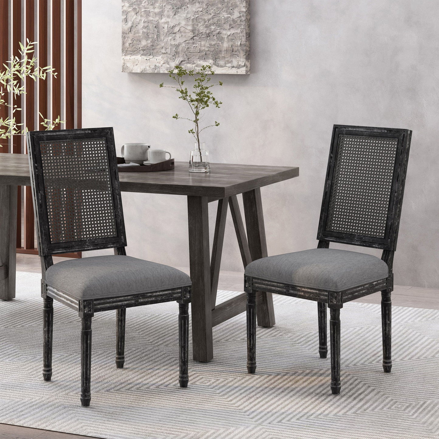 French Country Dining Chair With Rectangular Cane Backrest And Smooth Upholstered Seating Noble House