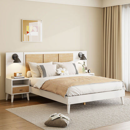 Solid Wood Bed Frame With 2 Nightstands, Elegant Design With Lamps, Rattan And Wood Combination