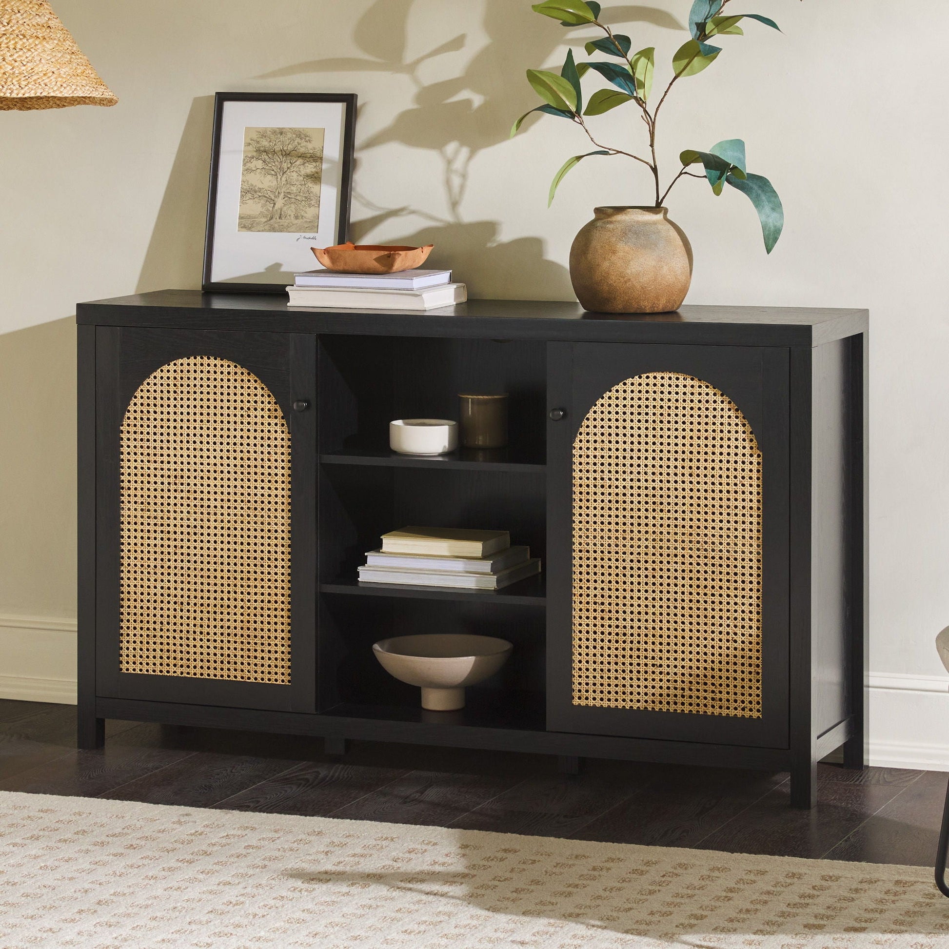 Transitional 2 Door Sideboard With Arched Rattan Panels Walker Edison