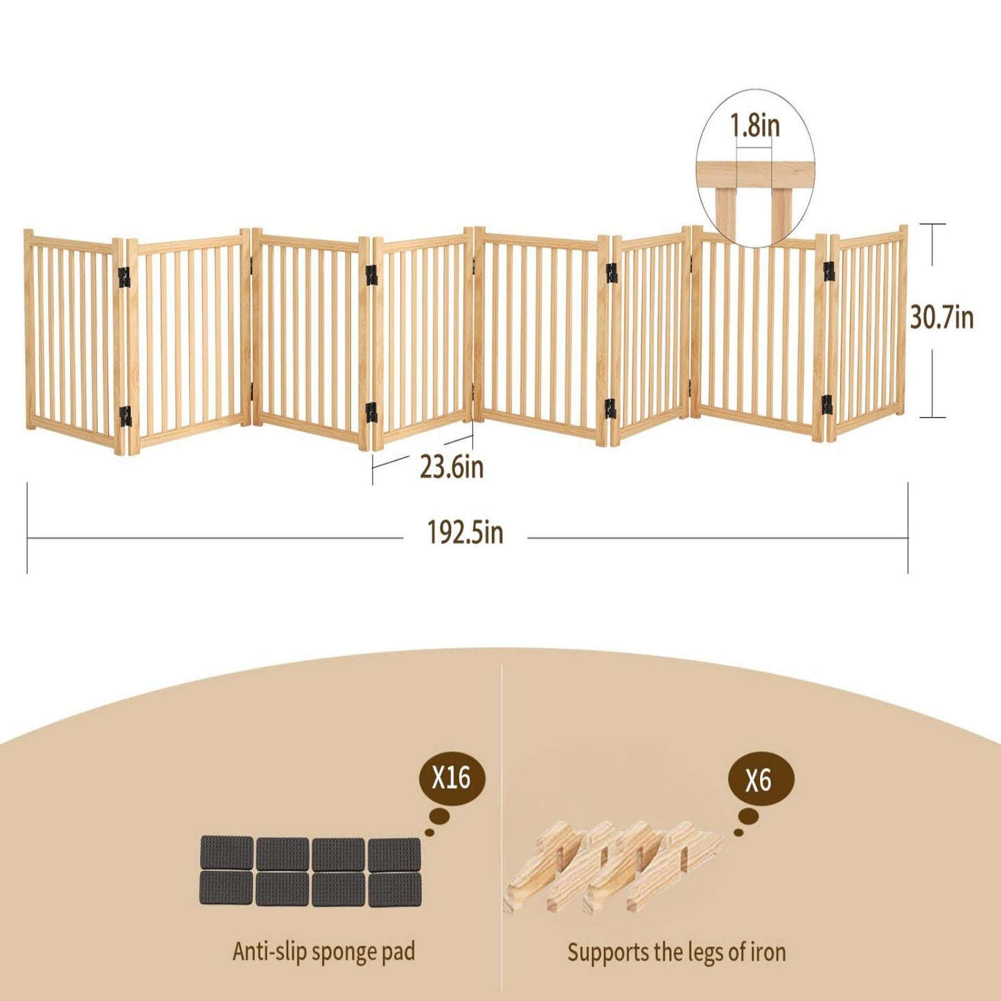 8 Panel Wooden Freestanding Dog Gate, Step Over Indoor Pet Fence For Doorways And Stairs - Natural Wood Daily Nest