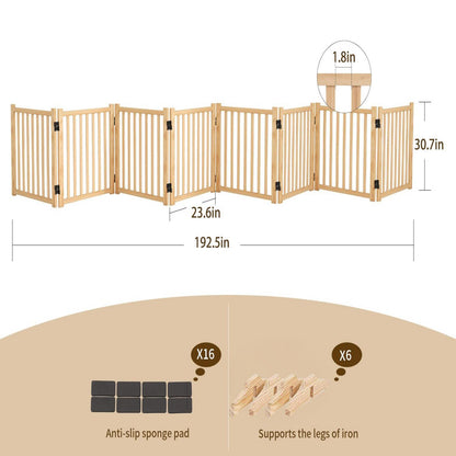 8 Panel Wooden Freestanding Dog Gate, Step Over Indoor Pet Fence For Doorways And Stairs - Natural Wood Daily Nest