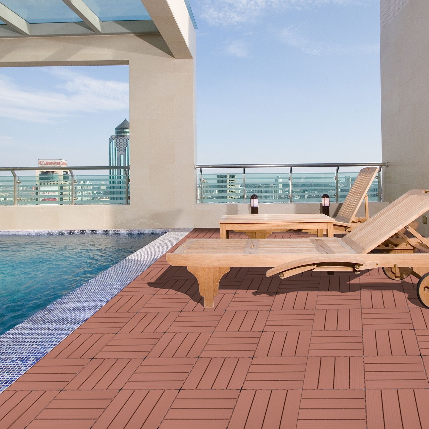 Plastic Interlocking Deck Tiles, Patio Flooring Outdoor Waterproof All Weather Use For Garden Poolside Front / Back Yard (Set of 44) - Mahogany Daily Nest