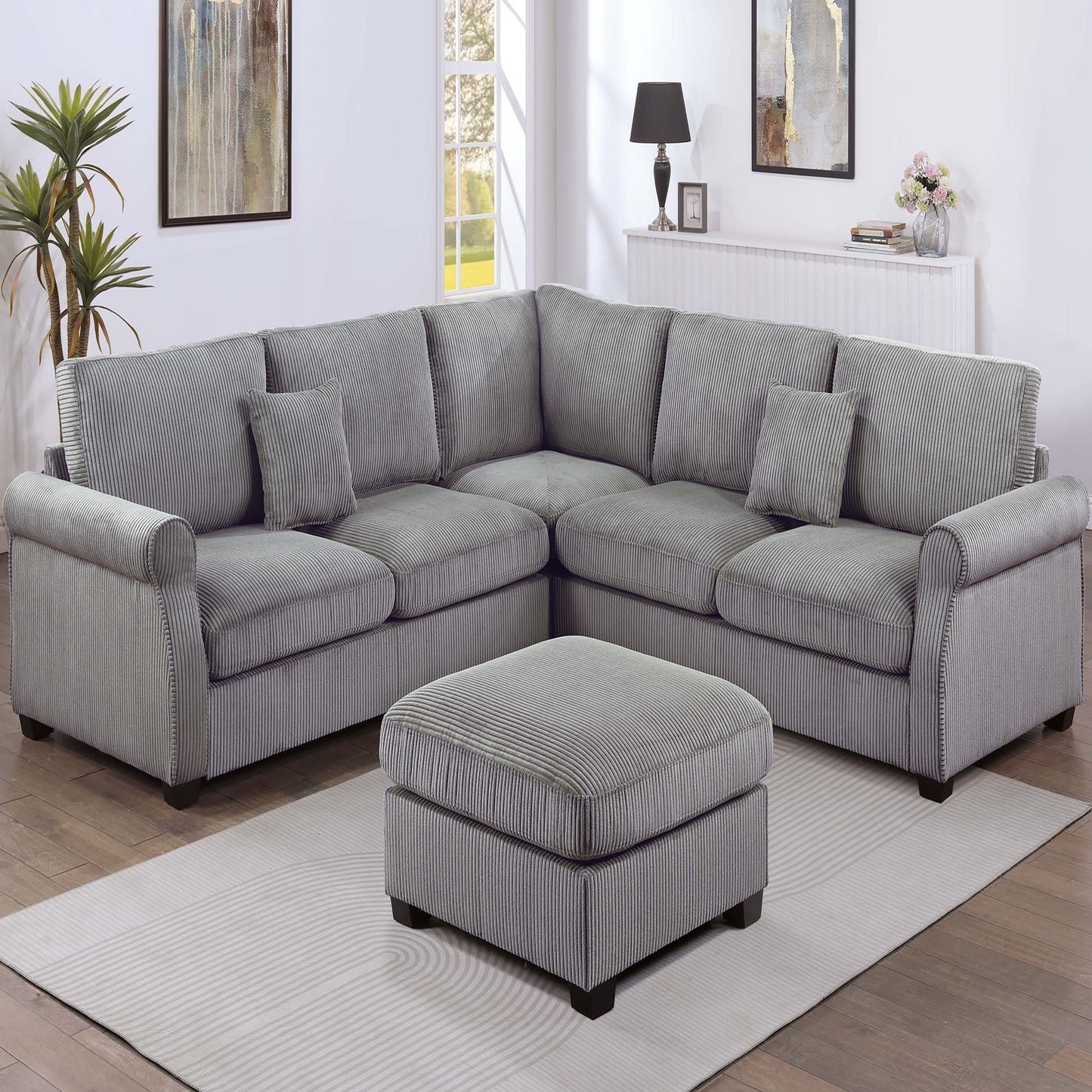 Modern Sectional Set With Corner Wedge, Loveseat, Ottoman & 2 Pillows Home Essentials