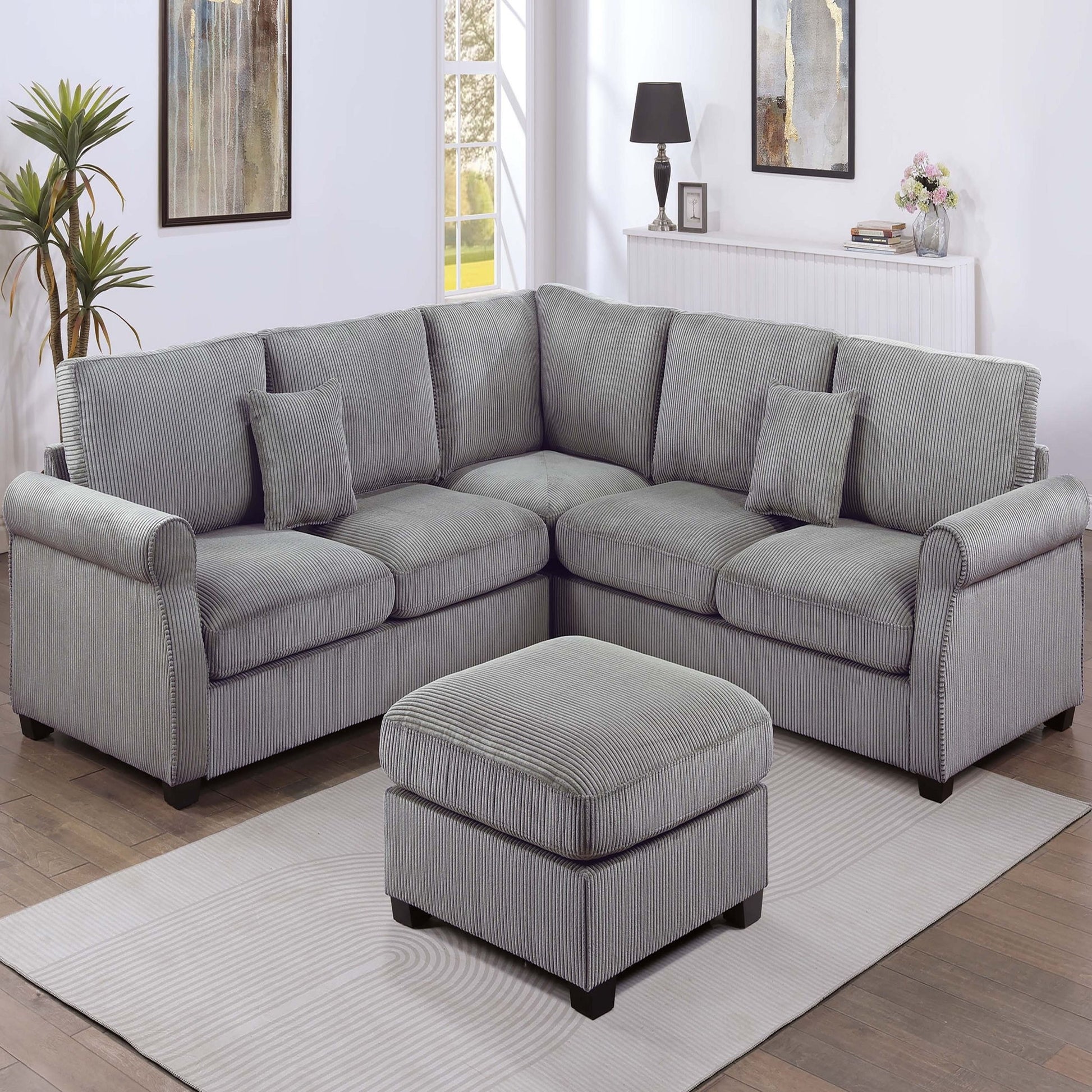 Modern Sectional Set With Corner Wedge, Loveseat, Ottoman & 2 Pillows Home Essentials