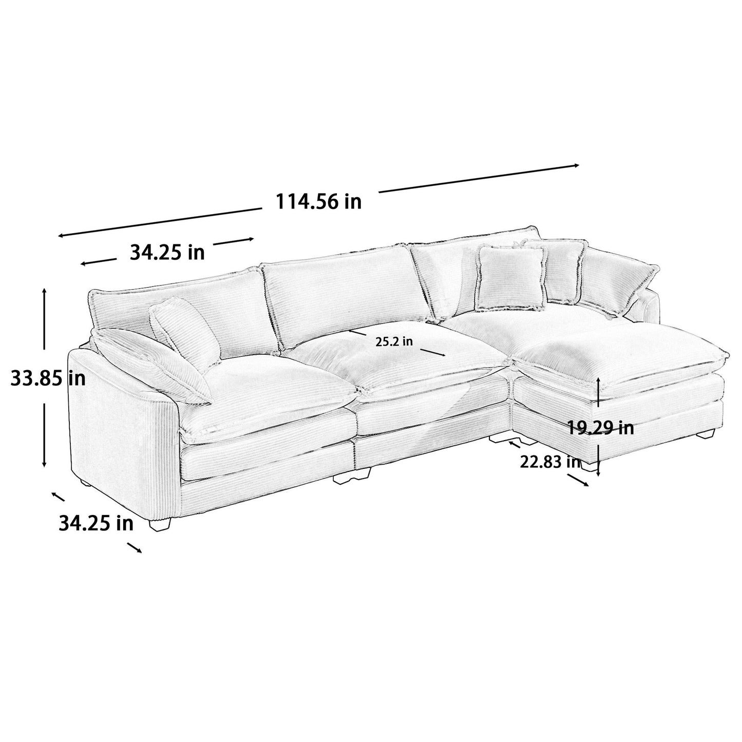 Modern Oversized Modular Cushion Sofa With Ottoman, Low Back, Deep Seating Sofa Set Home Essentials