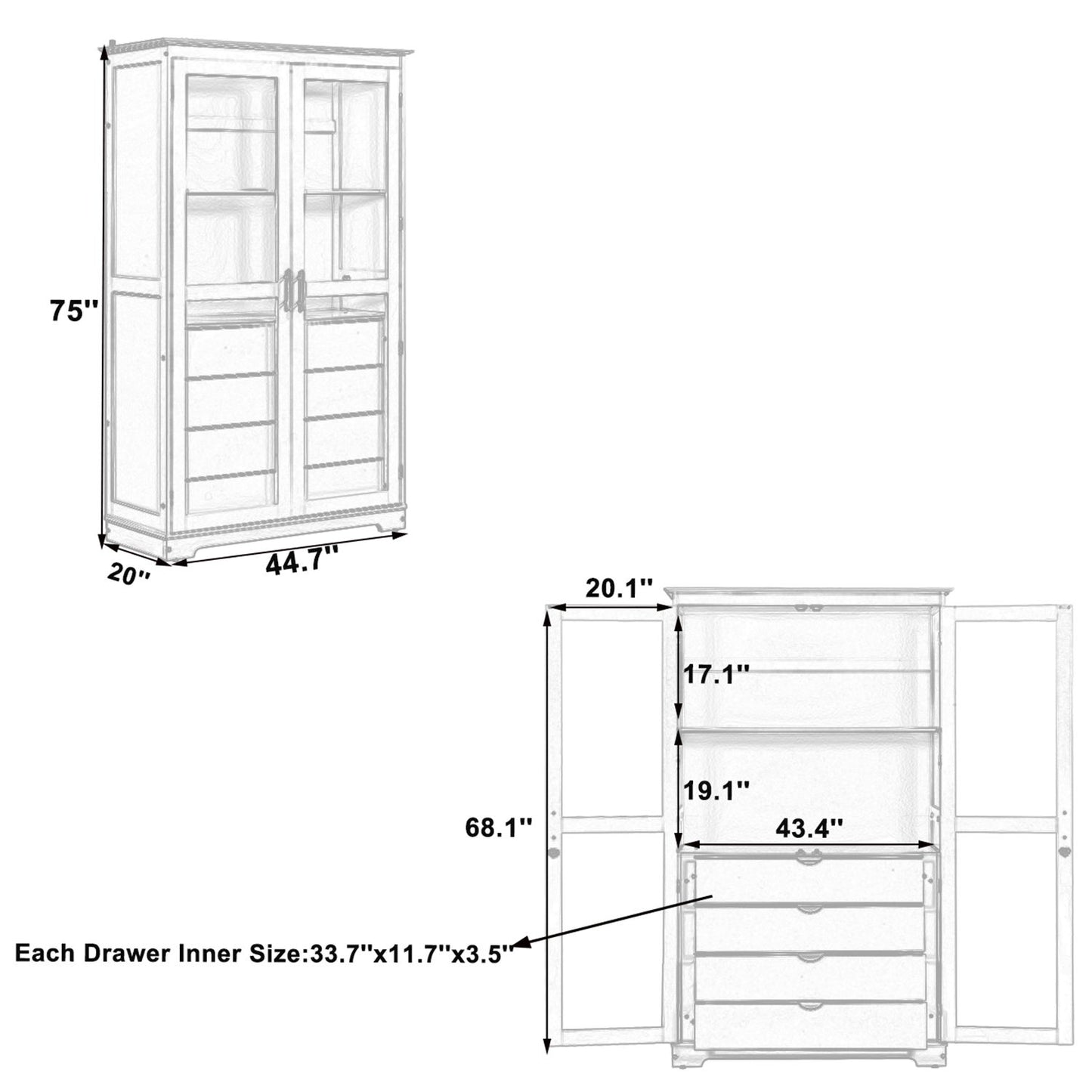Kitchen Pantry, Freestanding Kitchen Storage Cabinet Display Cabinet With Glass Doors And 4 Built In Drawers For Living Room, Home Office - Blue Hearth and Haven