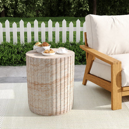Elegant Outdoor / Indoor Lightweight Concrete Side Table With Travertine - Beige Noble House