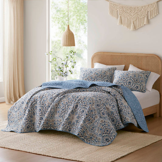 Valerie - Twin Boho Floral Reversible Quilt - Blue Super Listing