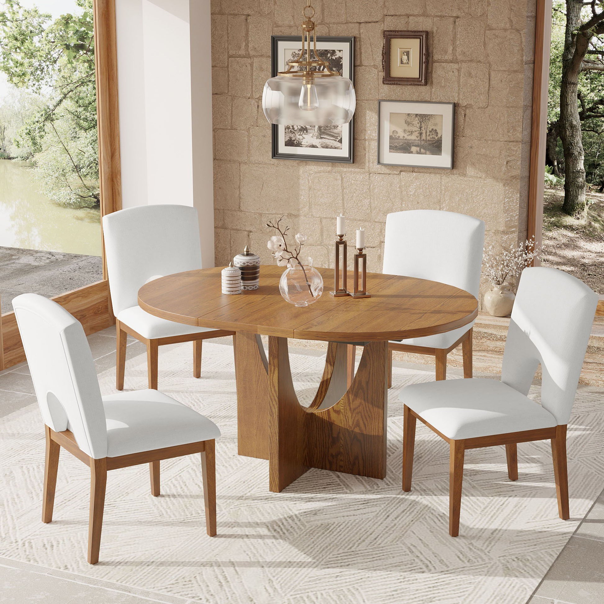 Topmax - 5 Piece Modern Extendable Round Dining Table Set With Removable Leaf For Small Places Hearth and Haven