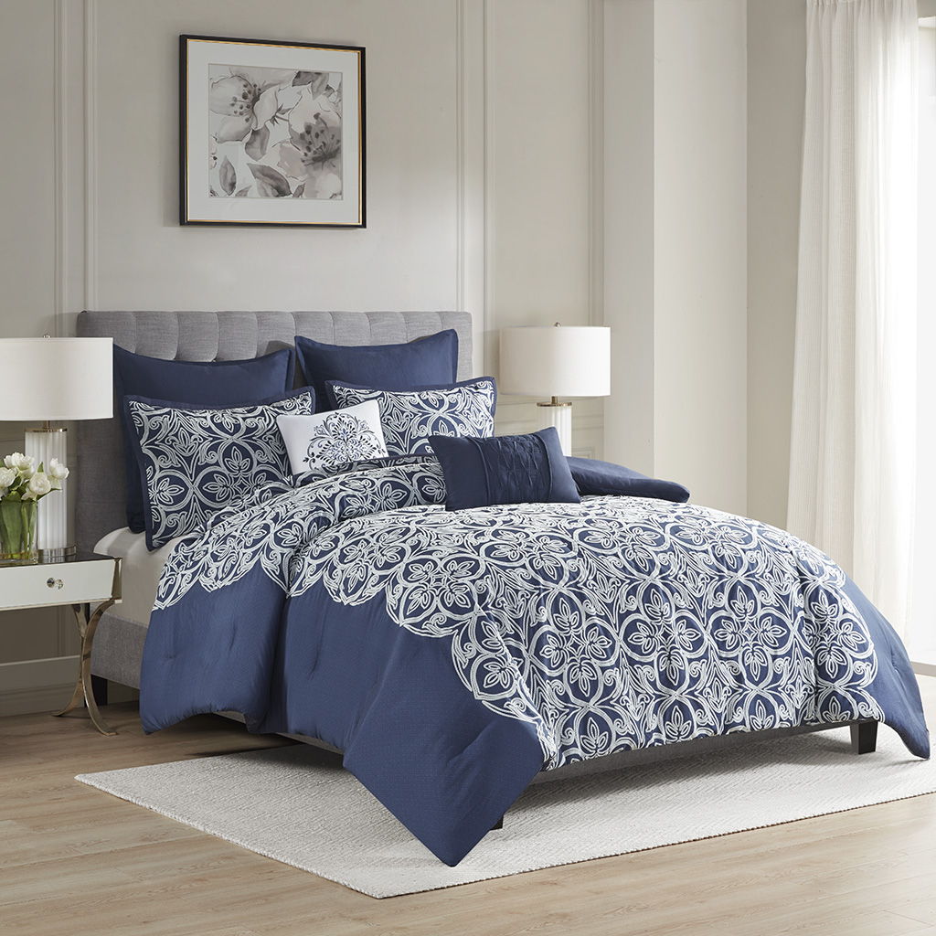 Rana - 7 Piece Full Flocking Comforter Set With Euro Shams And Throw Pillows - Navy