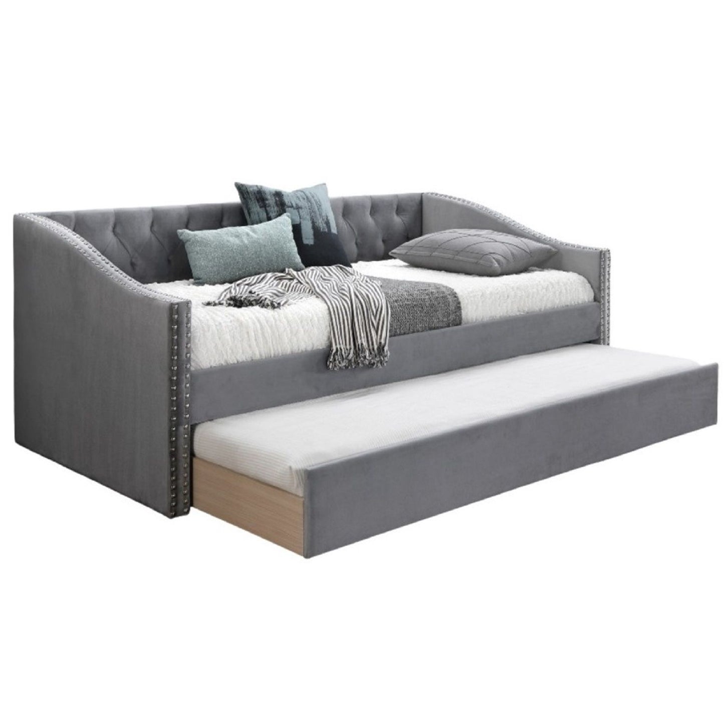 Daybed With Button Tufted Nailhead Trim And Trundle Slat Storage - Gray Home Essentials