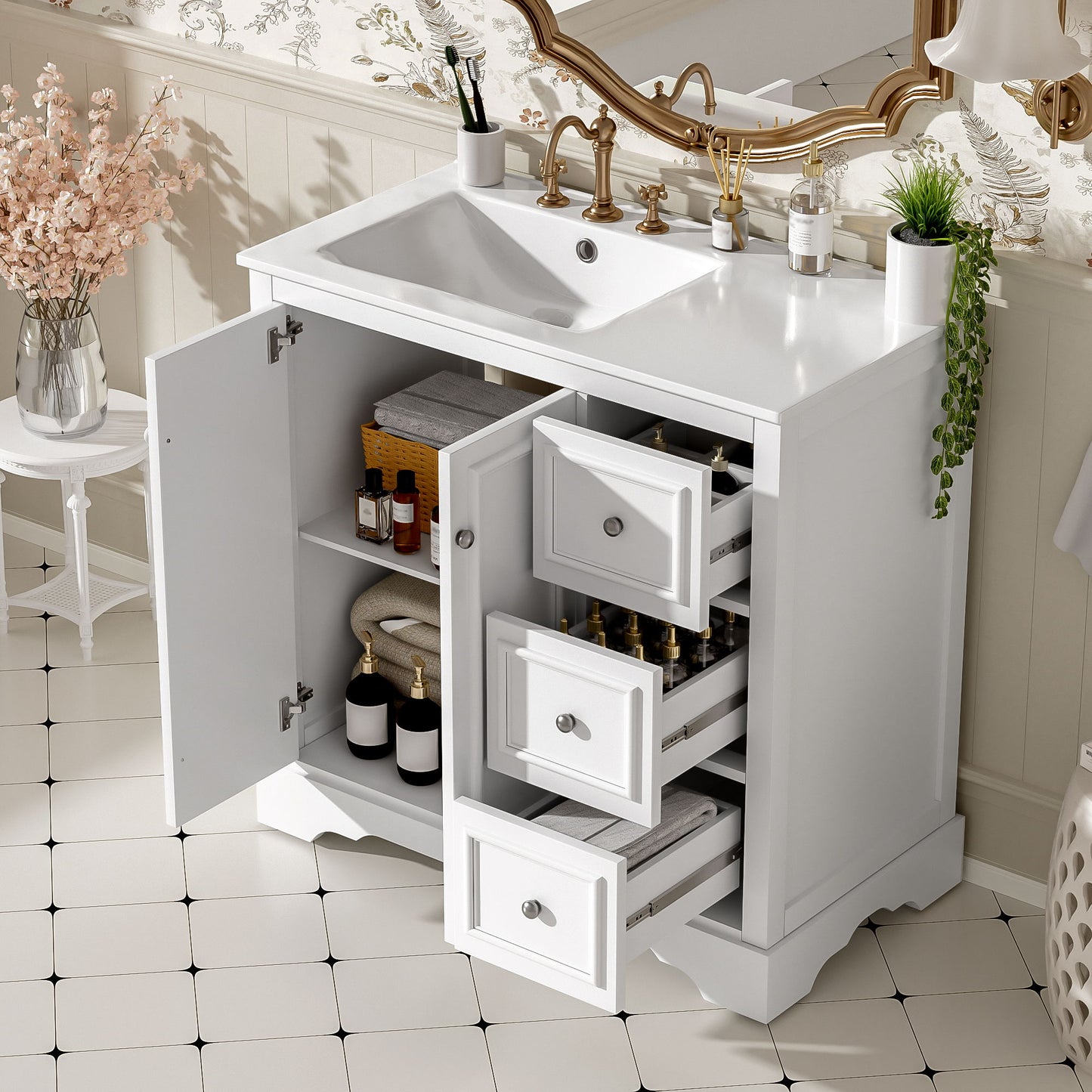 Bathroom Vanity With Sink, Soft-Close Doors, Adjustable U-Shelf, 3 Drawers Hearth and Haven