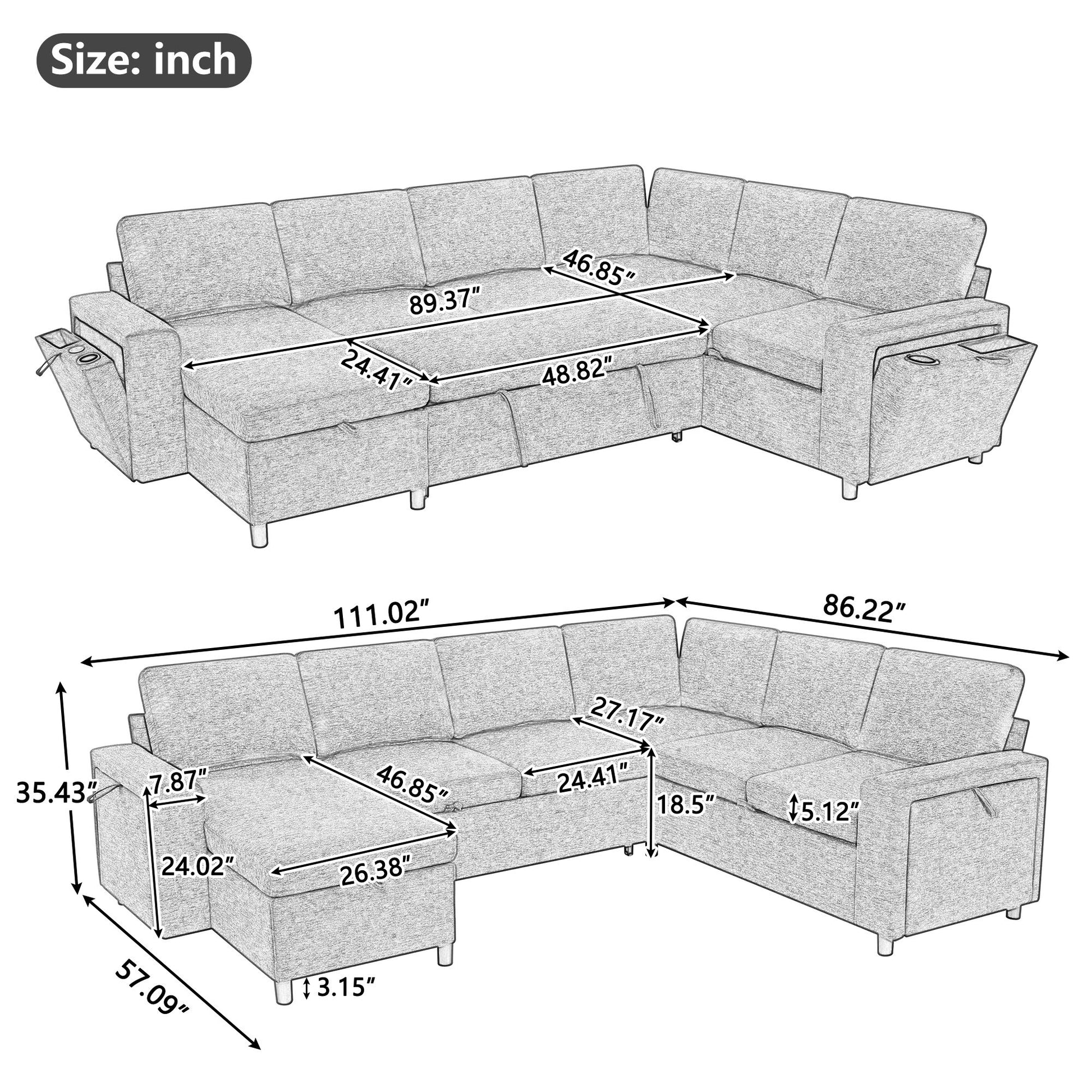 U - Shaped Convertible Sectional Sofa Bed With Storage, USB Charger & Cup Holders Hearth and Haven