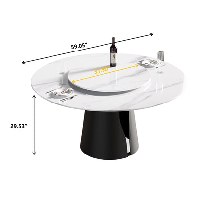 Modern Artificial Stone Round Carbon Steel Base Dining Table, Can Accommodate 6 People, Black Artificial Stone Turntable Home Essentials