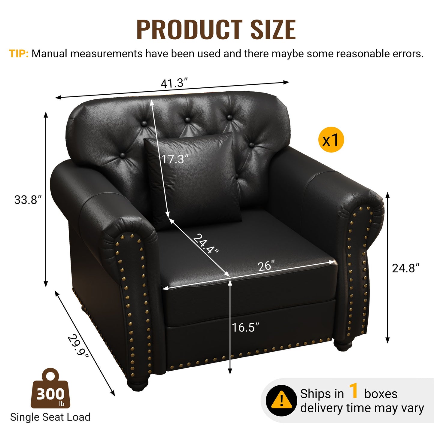 Sofa With Nailhead Trim And Rolled Armrests, Includes 1 Pillow - Black Home Essentials