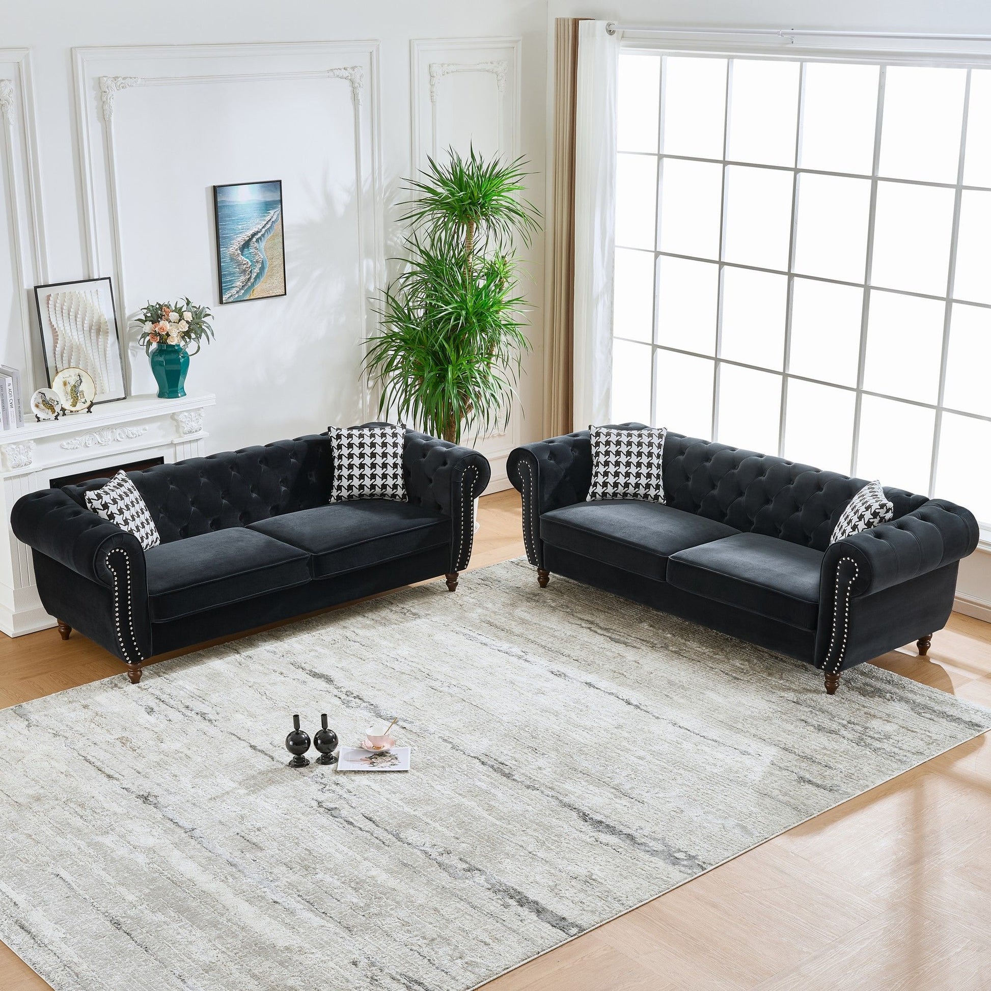 Chesterfield Upholstery Fabric Sofa With Roll Armrest & Nailhead, Mid Century Modern 3 And 3 Seater Couch Home Essentials