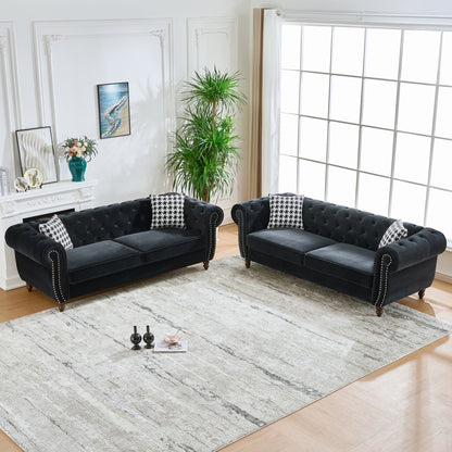 Chesterfield Upholstery Fabric Sofa With Roll Armrest & Nailhead, Mid Century Modern 3 And 3 Seater Couch Home Essentials