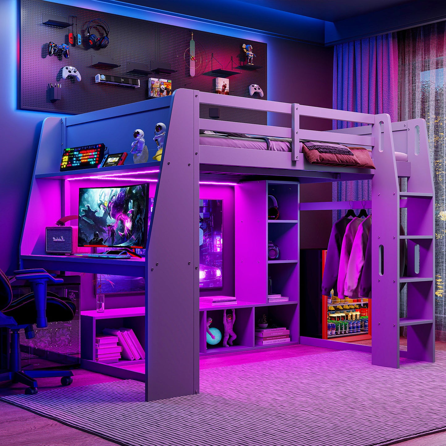 Full Size Gaming Loft Bed With Desk, Multi Storage Shelves, LED Lighting, And Hanging Clothes Rack - Gray Hearth and Haven