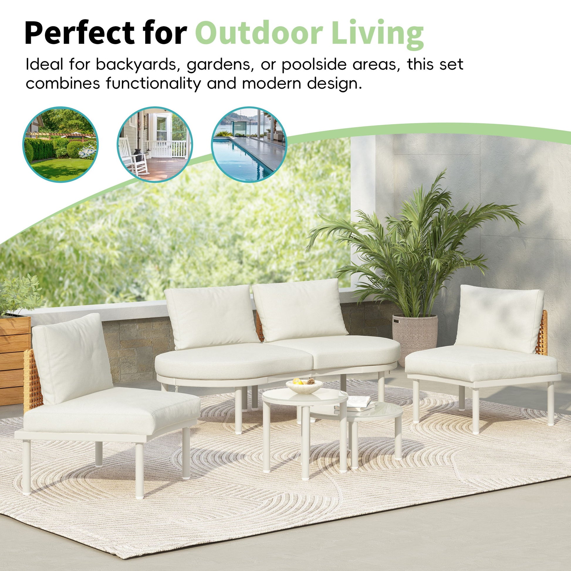 6 Piece Patio Set, Half Moon Outdoor Sectional Sofa With 2 High Low Coffee Tables, 4 Pillows & Cushions Hearth and Haven