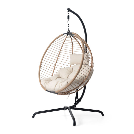 Sora - Outdoor Patio Wicker Hanging Chair With Stand - Beige / Brown Noble House