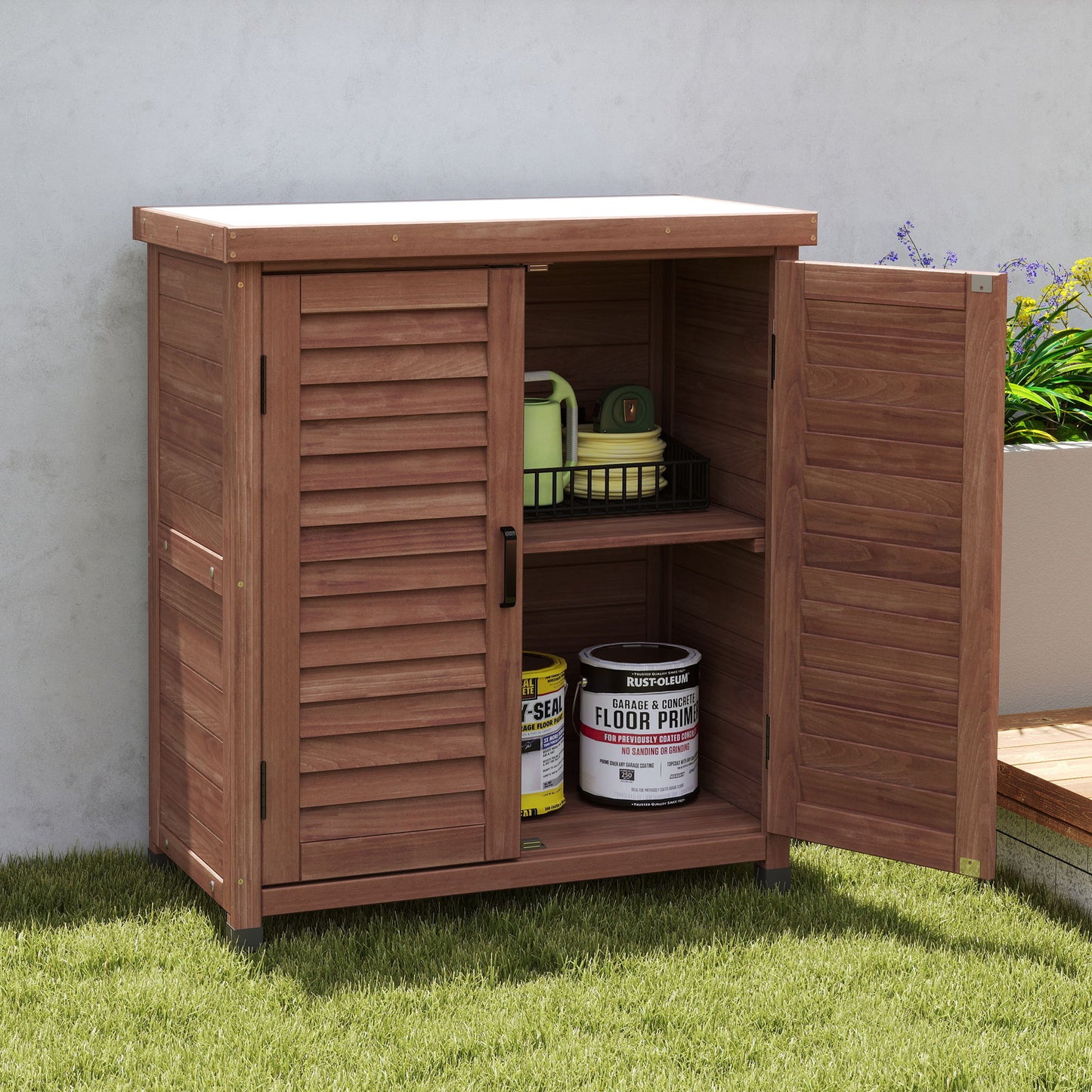Potting Bench With Storage Cabinet And Metal Table Top For Outdoor Home Essentials