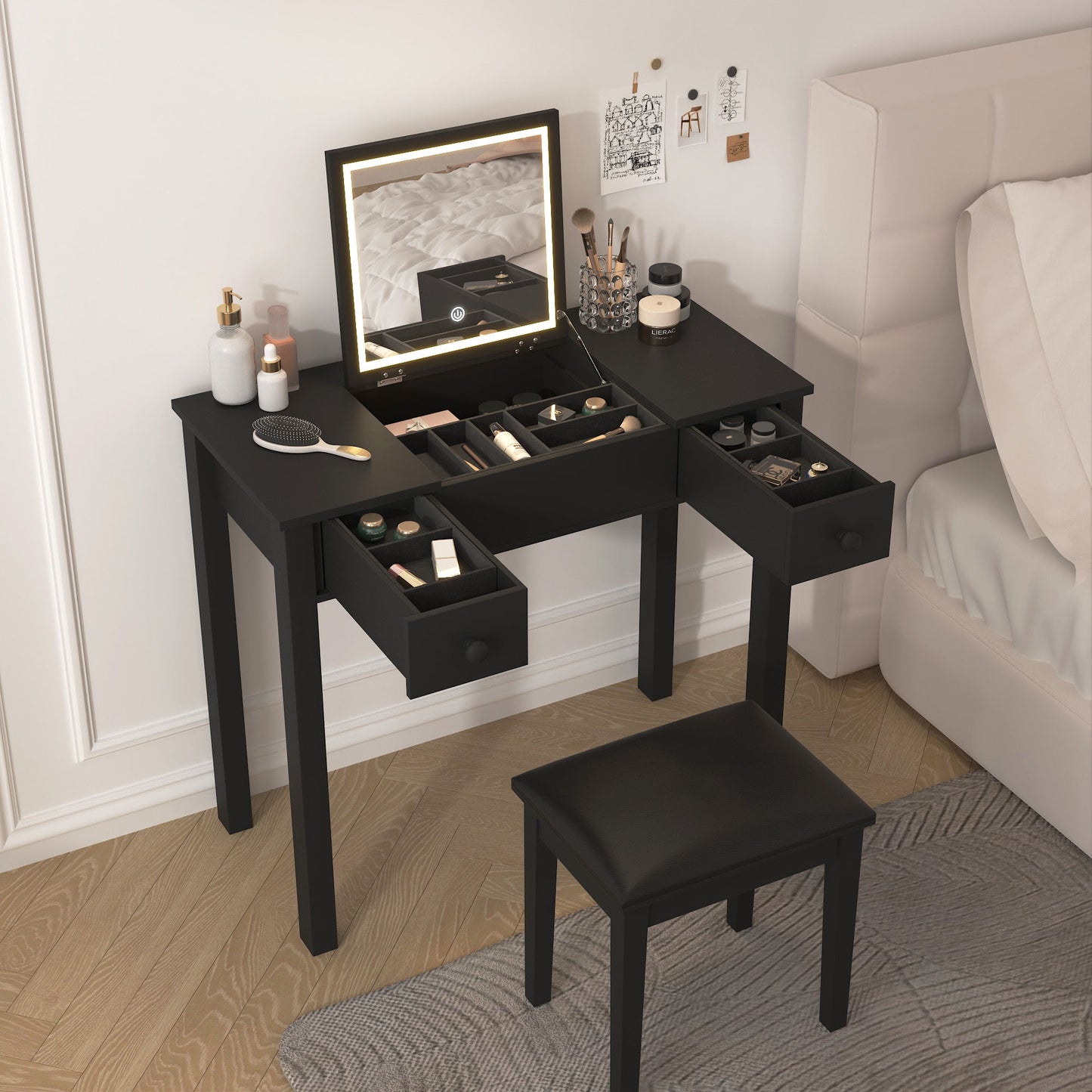 Vanity Table With LED Lights, Flip-Top Mirror And 2 Drawers, Jewelry Storage Home Essentials