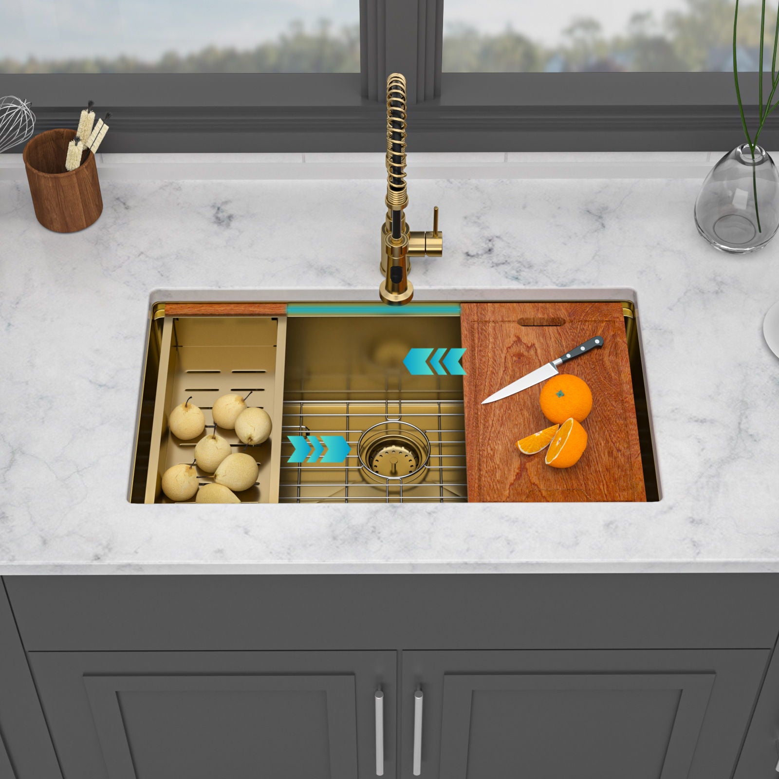 Undermount Kitchen Sink 36 X 19 X 9", 16 Gauge Deep Workstation Sink With Cutting Board And Accessories - Gold Daily Nest