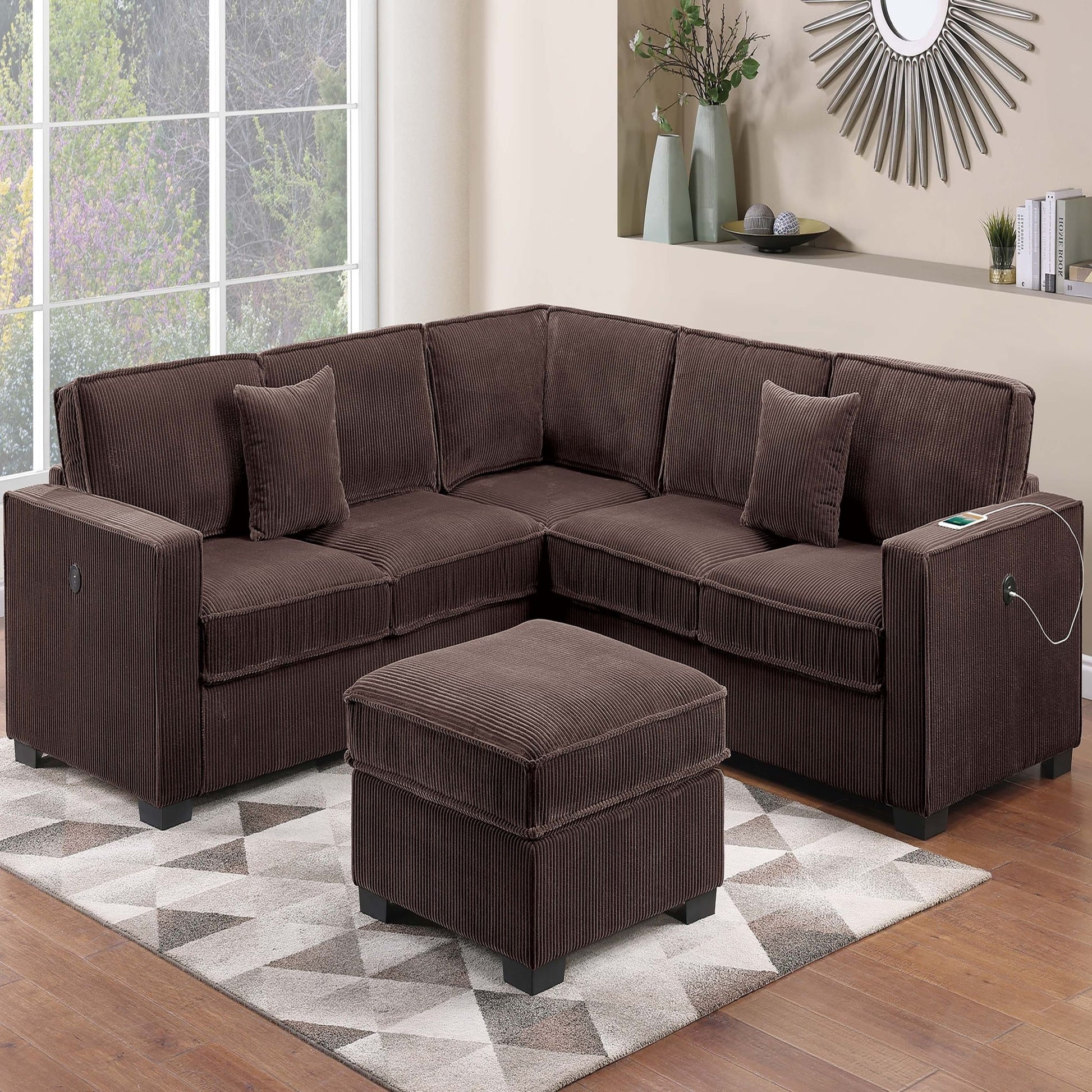 4 Piece Sectional Set With USB Ports, Left Arm Facing / Right Arm Facing Loveseat, Corner Wedge, Cocktail Ottoman, 2 Pillows - Chocolate Home Essentials